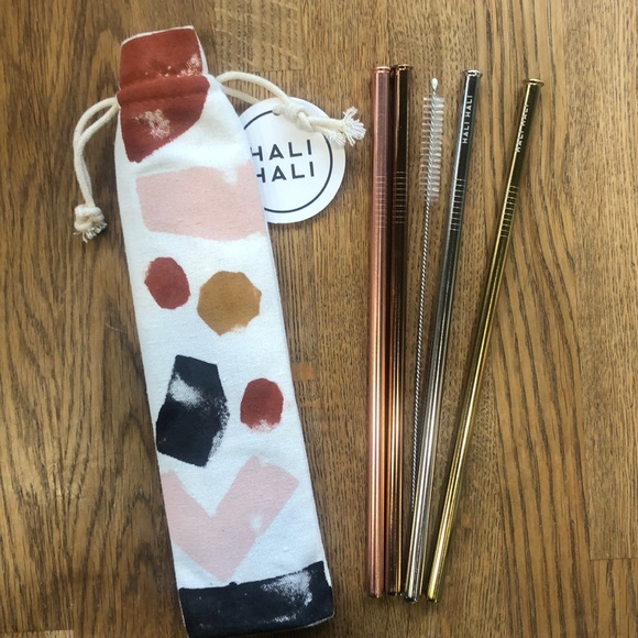 hali hali Other - Set of 4 metal straws with abstract canvas pouch